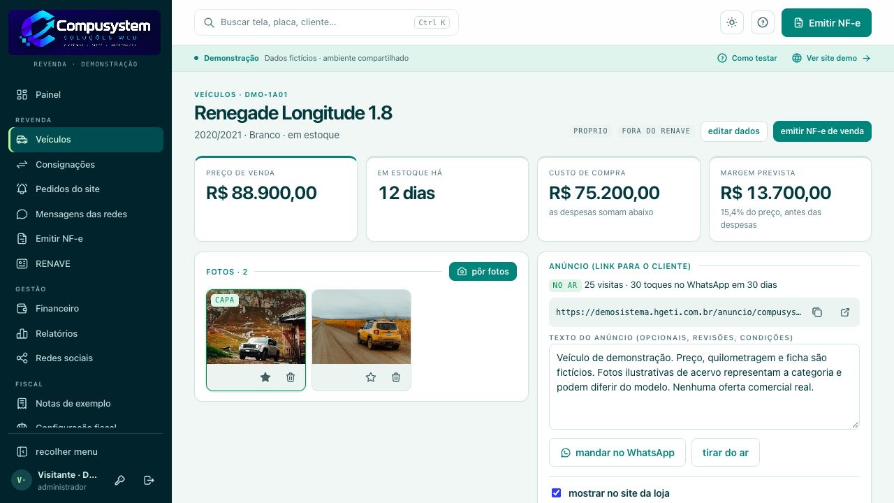 Ficha do veículo com preço, dias em estoque, custo, margem, fotos e link do anúncio