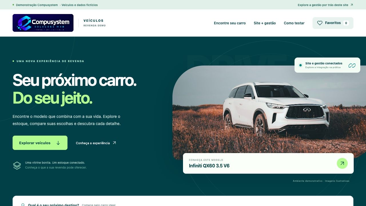 Site da revenda demo com vitrine de veículos ligada ao estoque